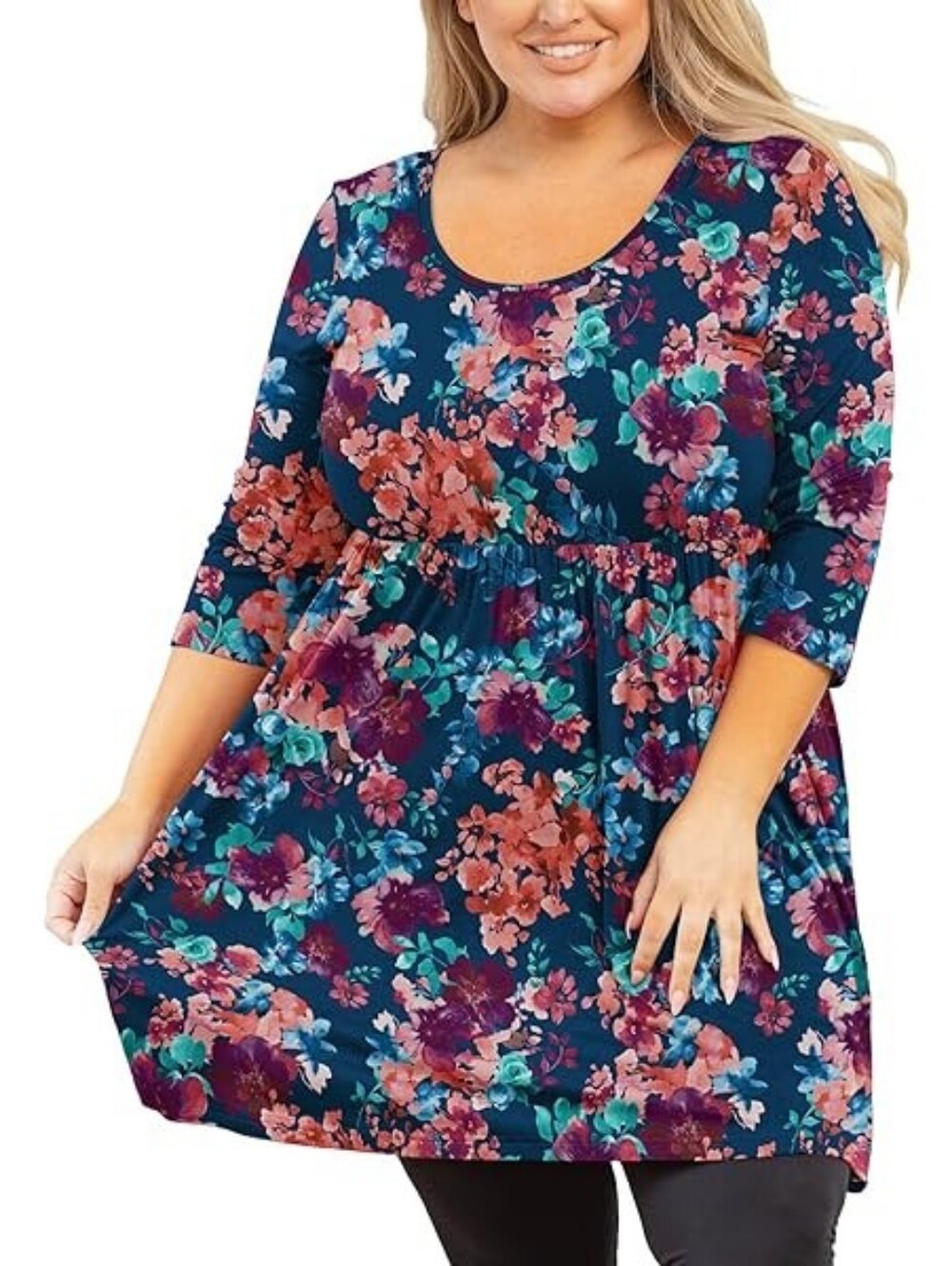 AusLook Floral Babydoll Tunic Top 1X Navy Pink